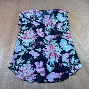 Express Floral Zip Front Blouse Womens Small Black Pink Gold Zipper
